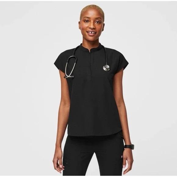 Rafaela Oversized Technical Collection Mandarin Collar Scrub Top in Black Small - Picture 3 of 11